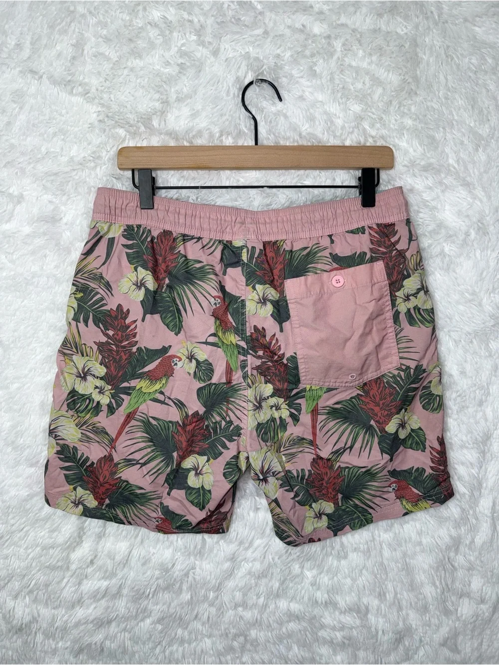 Tropical Hibiscus Flower Parrot Print Swim Trunks Hoochie Daddy Shorts Resort
